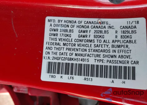 2019 Honda Civic Lx from USA, damaged, VIN 2HGFC2F68KH514915